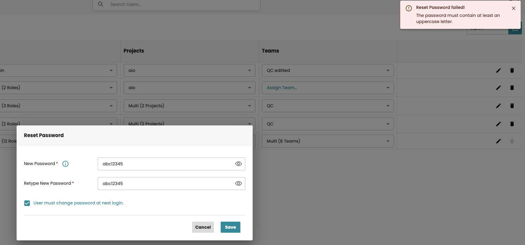 Validation message displayed when a password does not satisfy the configured rules