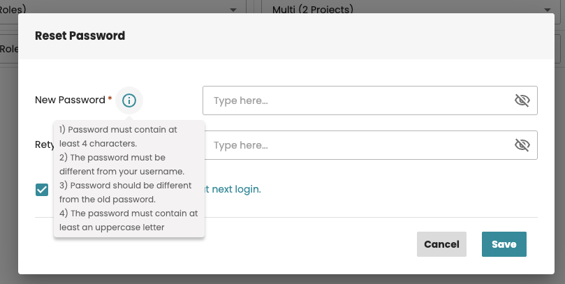 Password rules applied when resetting a user's password in Admin