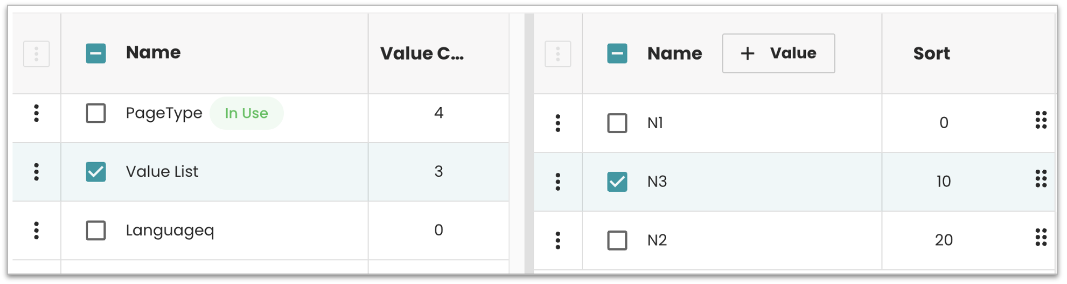 Value list